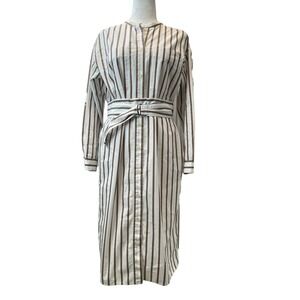 PLST Shirt Dress Womens S White Brown Striped Belted Button Front Midi Pockets